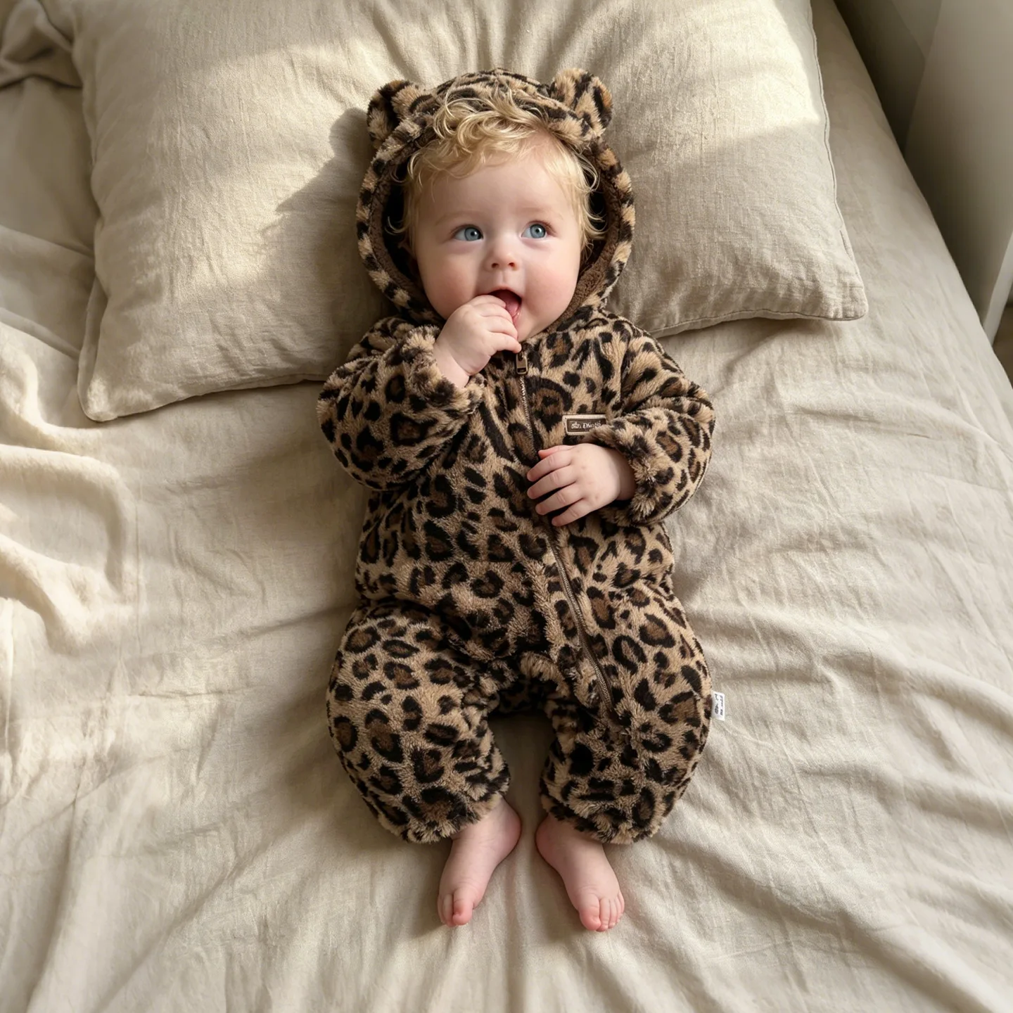 British Style Baby Leopard Print Jumpsuit Thick Fleece for Winter Baby Outdoor Climbing and Newborn Clothing