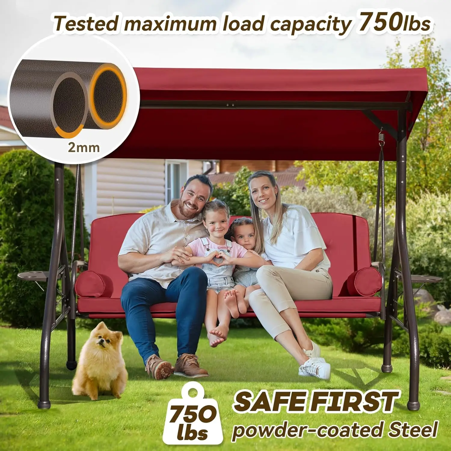 

Outdoor 3-in-1 Porch Swing with Adjustable Canopy, Comfortable 3-Seater for Patio, Garden, Backyard – Wine Red