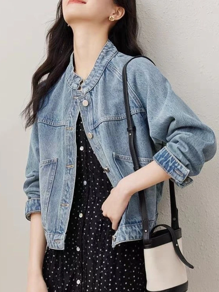 Vintage Washed Blue Denim Cropped Jacket for Petite Women Spring Fall Stand Collar Long Sleeve Jean Coat Casual Loose Outewear - view 5
