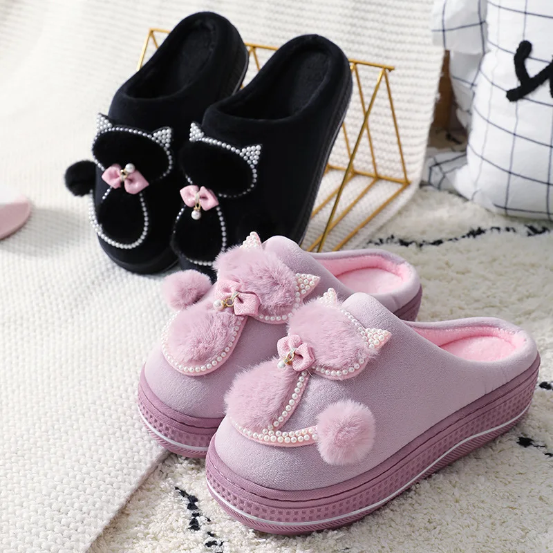 Women Cotton Slippers Cute Cat Slippers Ladies Platform Indoor Shoes For Women Winter Slippers Home Slippers Female Warm Shoes