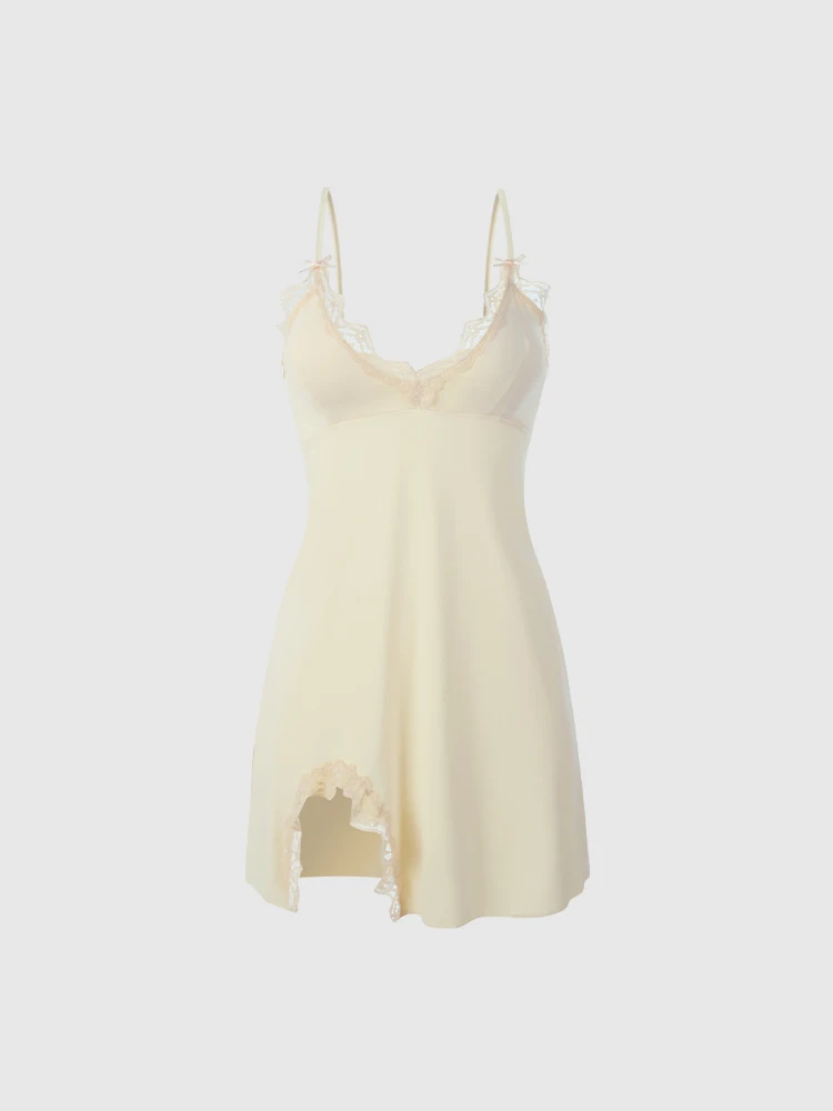 French Sexy Nightdress Milk Silk Elastic Split Halter Pajamas Sexy Beautiful Back Lace Nightdress Women