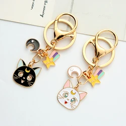 Anime Cat Keychain Cartoon Lucky Sailor Moon Enamel Metal Key Ring Holder Bag Charms Keyring For Women