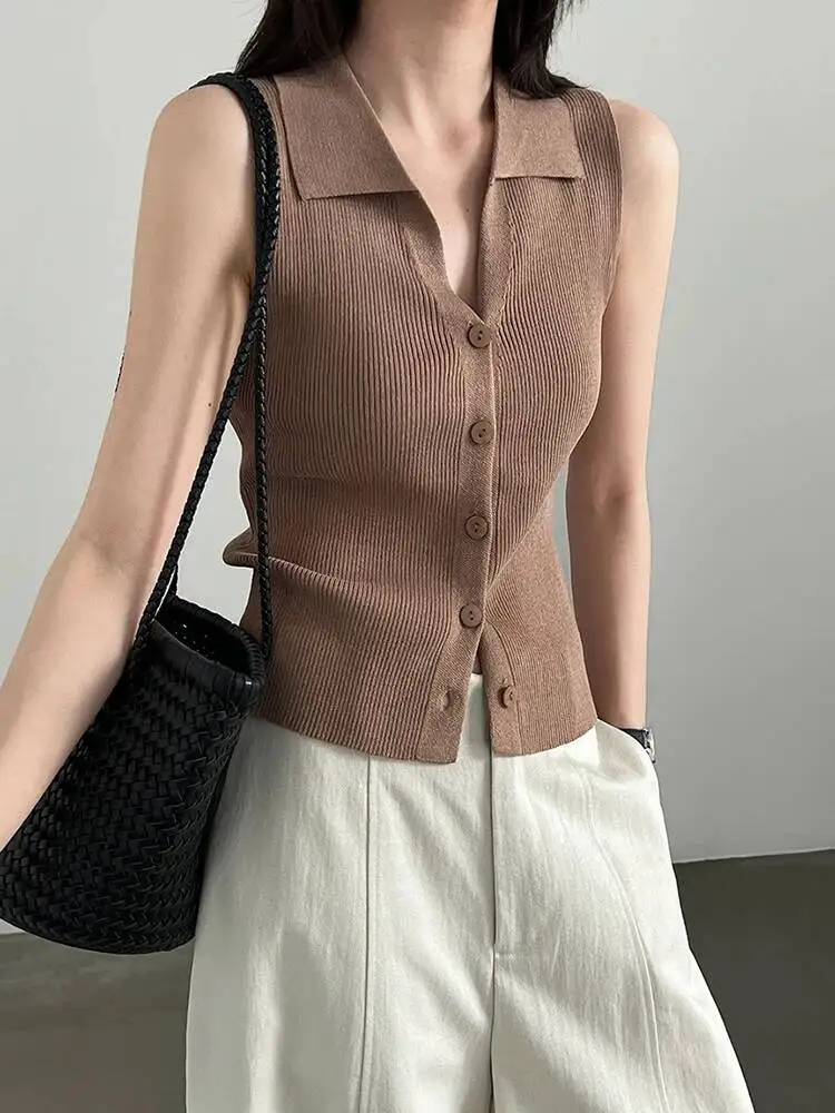 Women Orange Knitting Slim Elegant Tank Tops New V-collar Sleeveless Personality Fashion Tide Spring Summer