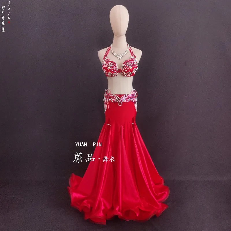 Customized Belly Dancewear Rhinestone Accessories Group Stage Suit Performance Costume Belly Dancing Bra Tassel Split Skirt Set