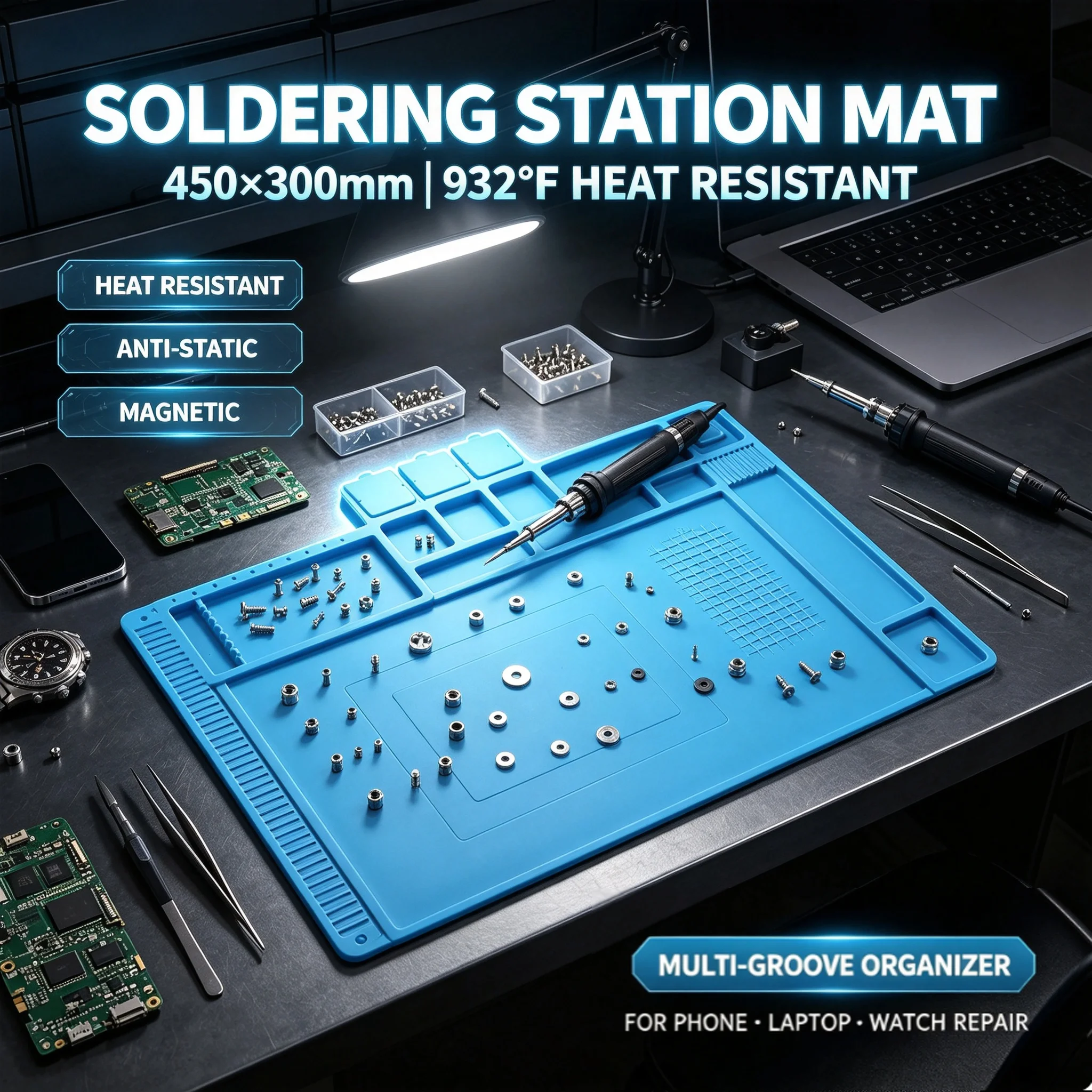 Silicone Solder Work Mat 450×300mm Heat‑Resistant Anti‑Static Magnetic Multi‑Groove Pad for Phone Laptop Watch Electronic Repair