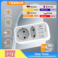 TESSAN Double Plug Socket Adapter with 2 Socket, 3 USB A Ports and 1 Type C Plug, 6 in 1 Multiple Plug Adapter for Home, Office