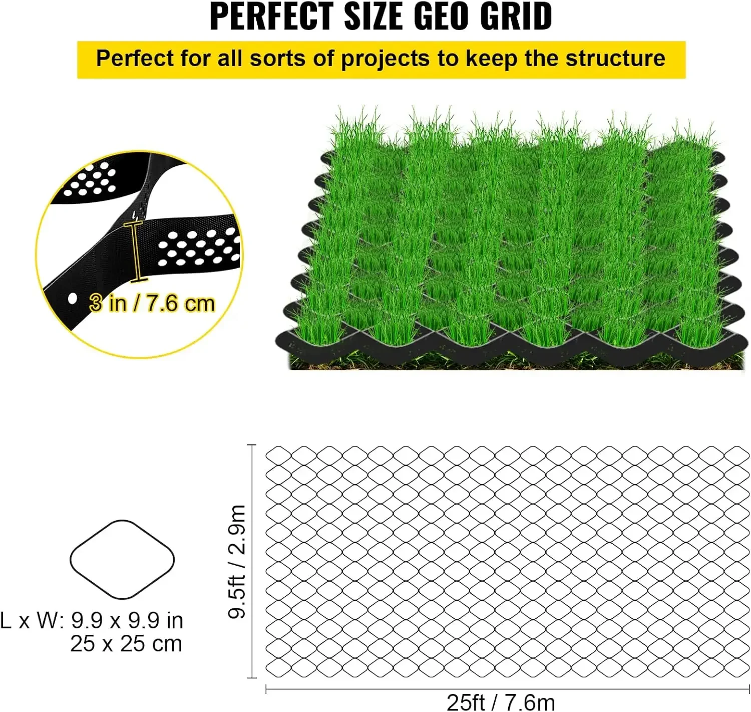 Grid Tanah, 1885 lbs per Kisi Geo Beban Kaki Persegi, Sistem Stabilisasi Permeabel Kedalaman 3" untuk Teras DIY, Jalan, Basis Gudang