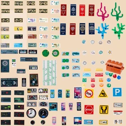 MOC City Street Figures Electronics Traffic Sign Printed Tile Building Blocks Plant Passport Bank Card Treasure Bricks Kids Toys