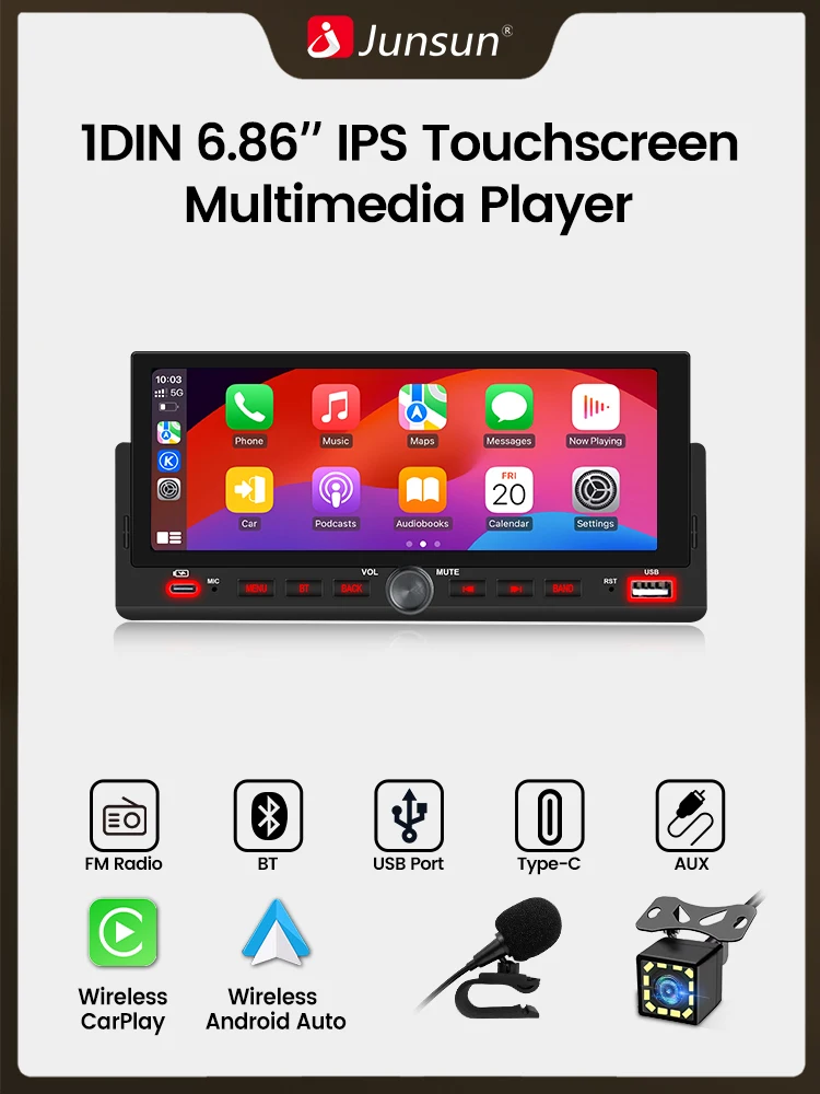 Junsun 6,86 Zoll Autoradio-Radio 1 Din Universal Multimedia Video MP5-Player Carplay Android Auto Touchscreen BT SWC USB-Aufladung