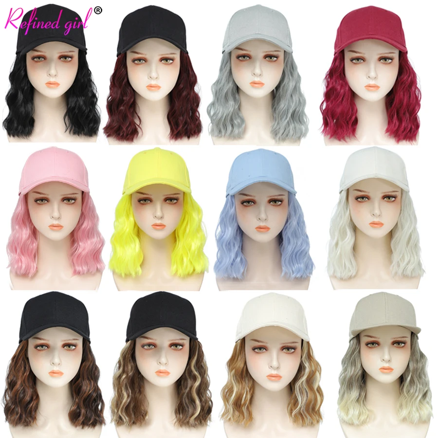 Bob Wig Baseball Cap with Short Wavy Hair Extension Attached for Women Adjustable White Black Synthetic Heat Resistant Fiber Wig