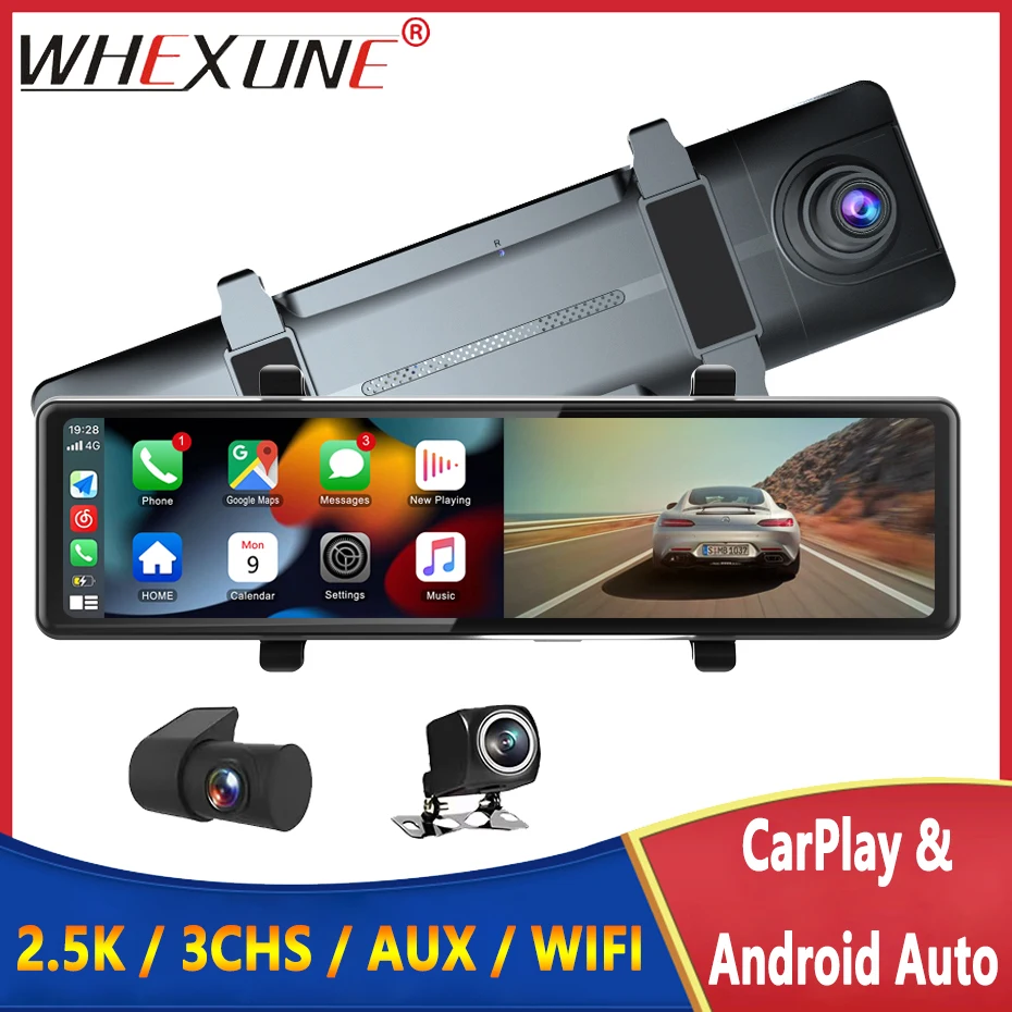 WHEXUNE 12 Inch 3 CHS 2.5K 1440P Dashcam Apple Carplay & Android Auto Support AUX Portable Rearview Mirror Camera Built in WIFI