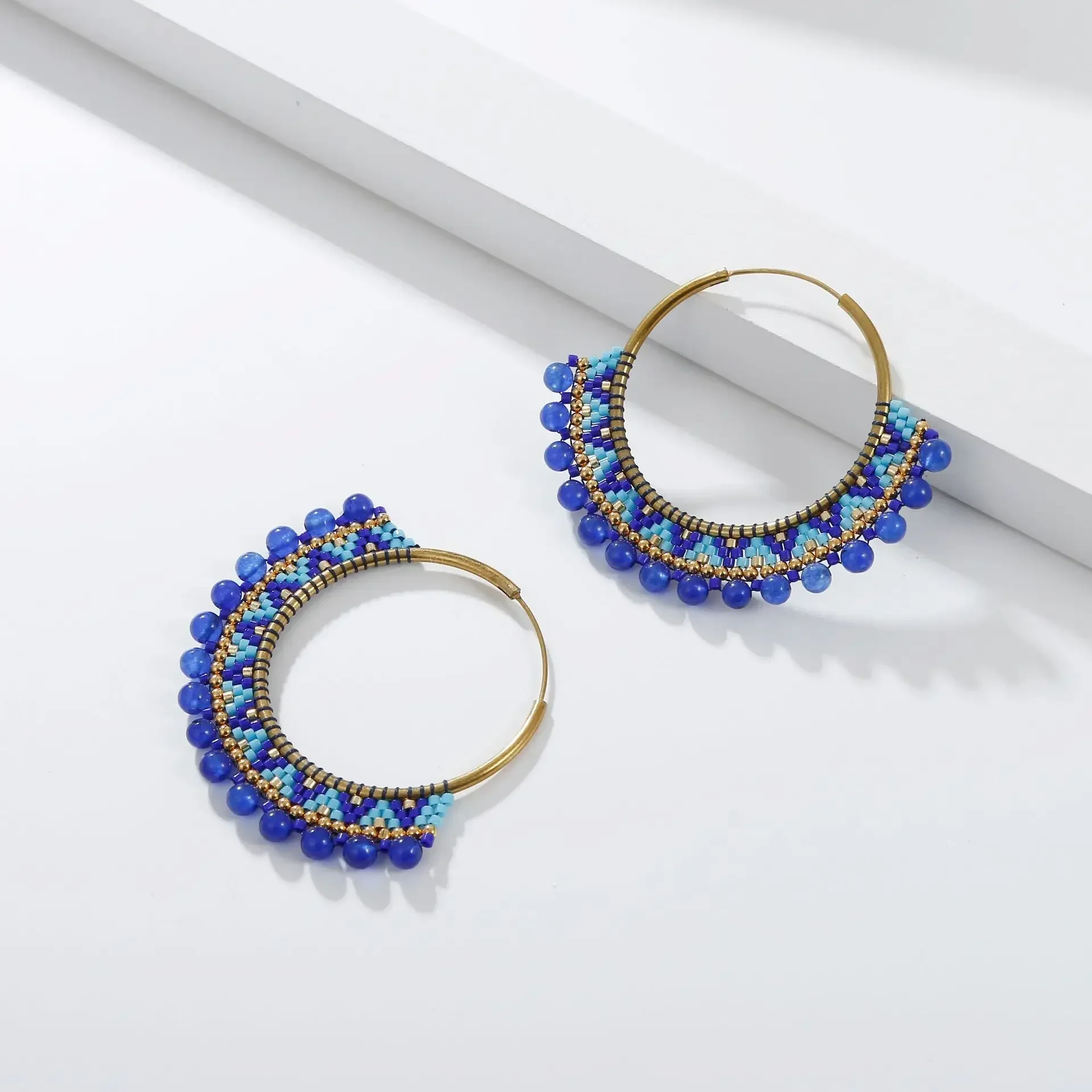 Rice Bead Earrings  Hand knitting  Beaded  Wind around  Big circle  Exaggeration Rice pearl Bohemia alloy ma\'am Tassel Earrings