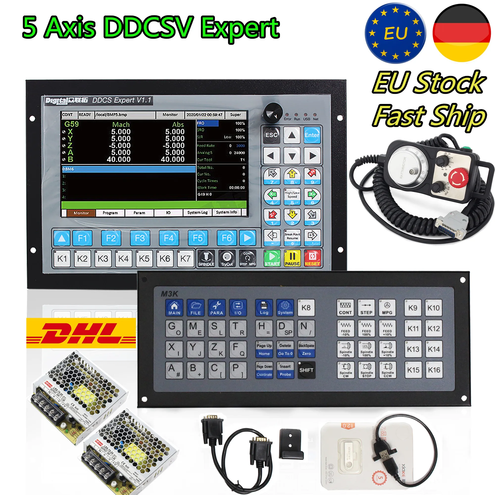 【In EU】3 4 5 Axis DDCS Expert PLC Off-line Stand Alone Motion Controller+MPG Handwheel+ Extended Keyboard for CNC Router