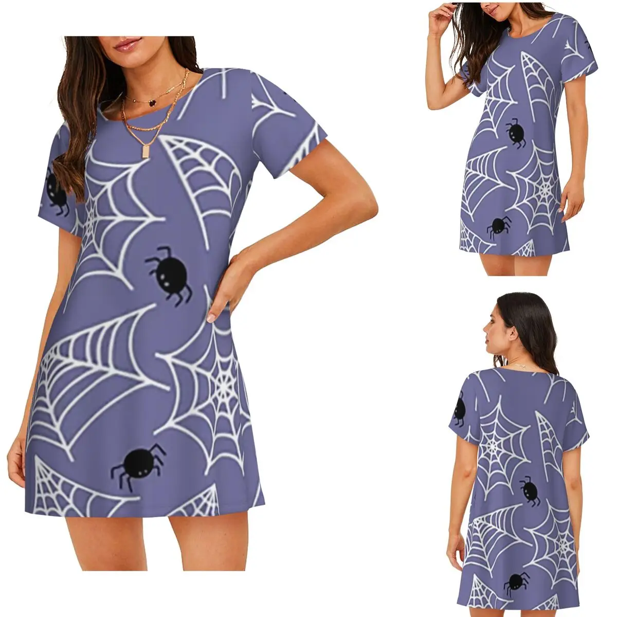 Halloween Black Cat Spider Gothic Witch Short Sleeves Nightdress For Sleepshirts Women Short Sleeve Nightgowns Soft Pajama Dress