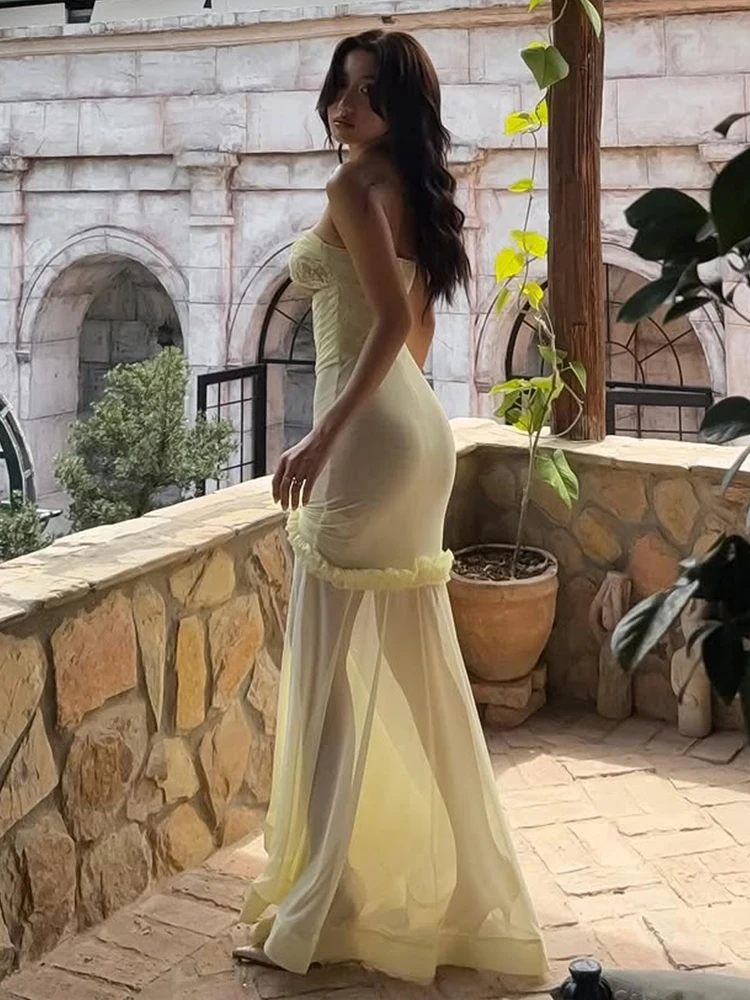 Seltsame Puss Sexy Hohl Mesh Maxi Kleid Frauen Raffen Fischschwanz Rüschen Patchwork Verband Elegante Geburtstag Bankett Party Vestidos