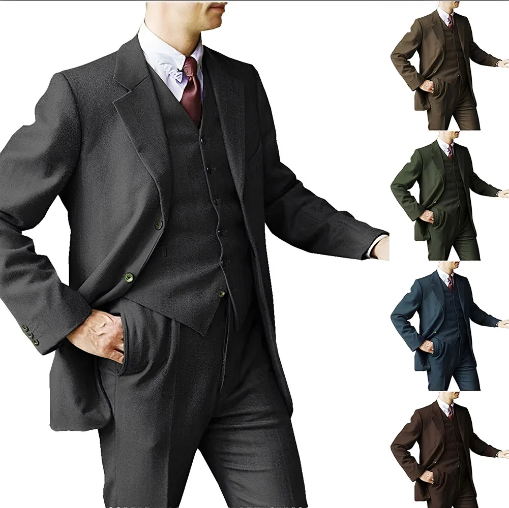 Men's Formal Wool Suit 3-piece Loose Fit Business Work Clothes Men's Office Winter Blazer Pants Vest Retro Style Outfit