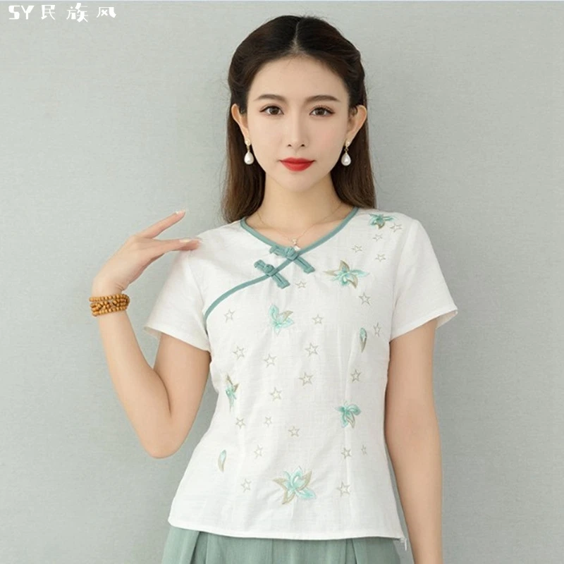 

Ethnic Style Women's Summer New Cotton And Linen Top Vintage Chinese Style V-neck Embroidered Slim Short Sleeve T-shirt