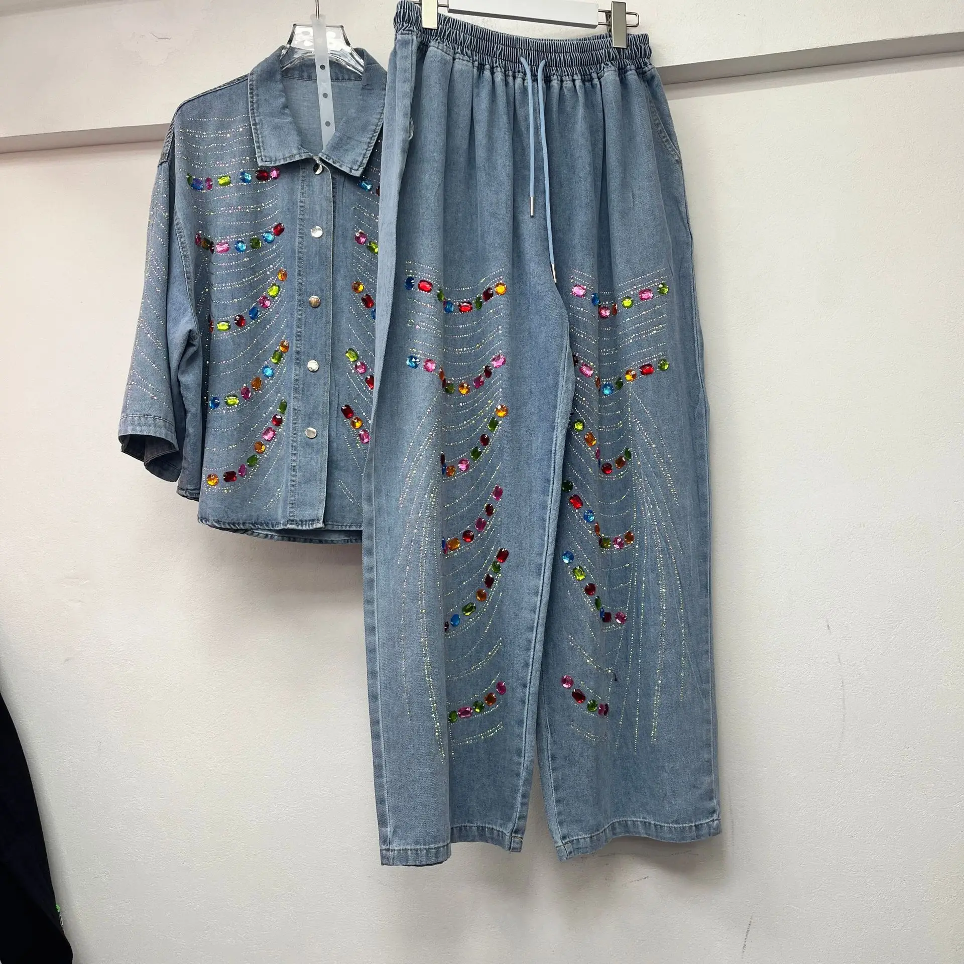 Women Wave Rainbow Diamonds Beaded Denim Shirts Jeans Blouse Drilling Cowboy Rhinestones Cardigan Tops + Elastic Shorts 2Pcs Set