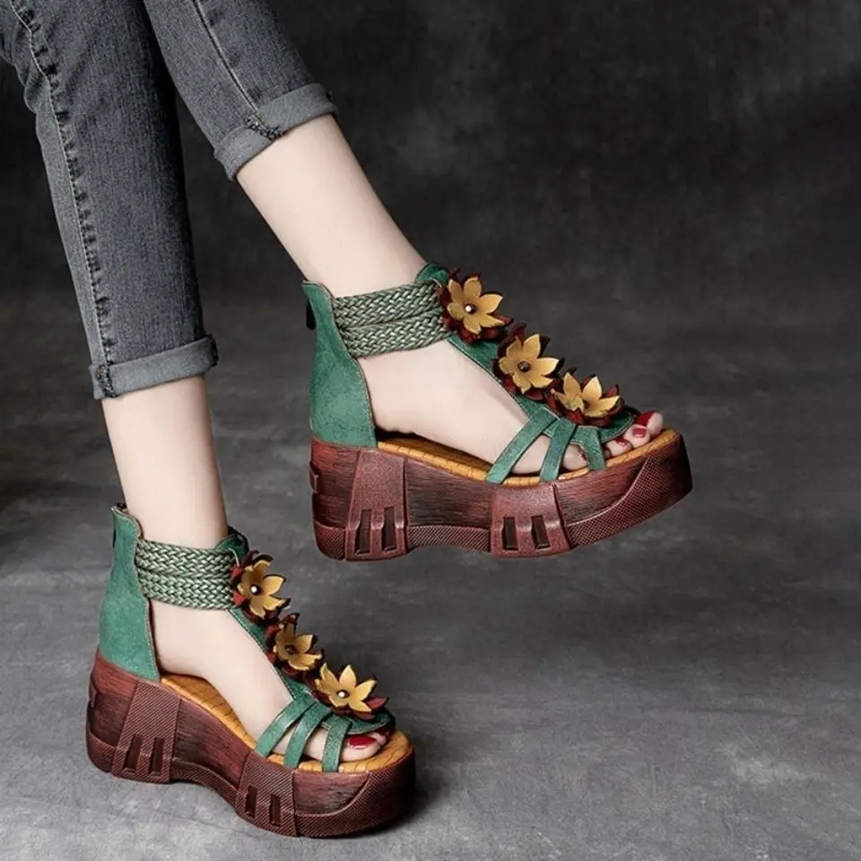 2024 Summer Sandals High Quality Women's Leather Retro Thick Sole National Fashion Outdoor Comfortable Casual Sandals