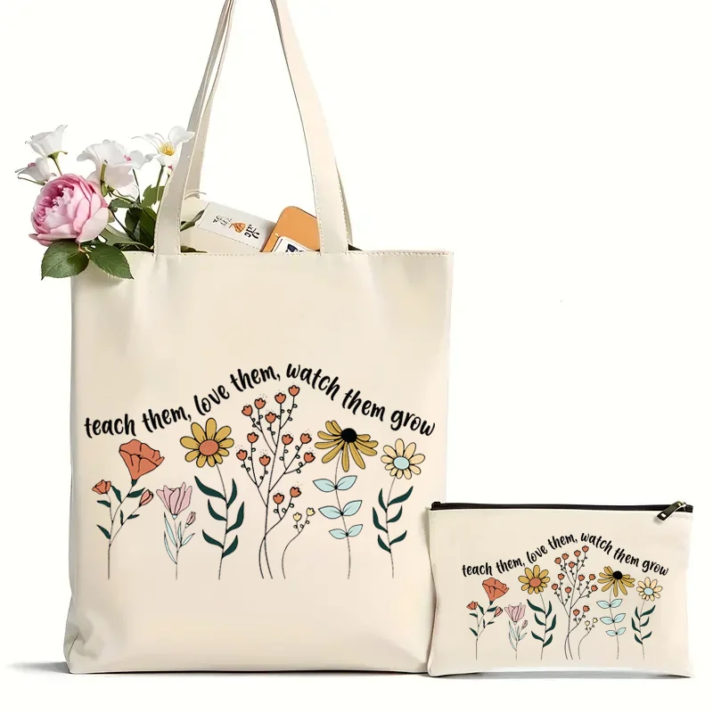 2Pcs Teach Them, Love Them, Watch Them Grow Pattern Tote Bag, Floral Teacher shoulder Bag, Teachers Gifts, Be Kind Tote Bag