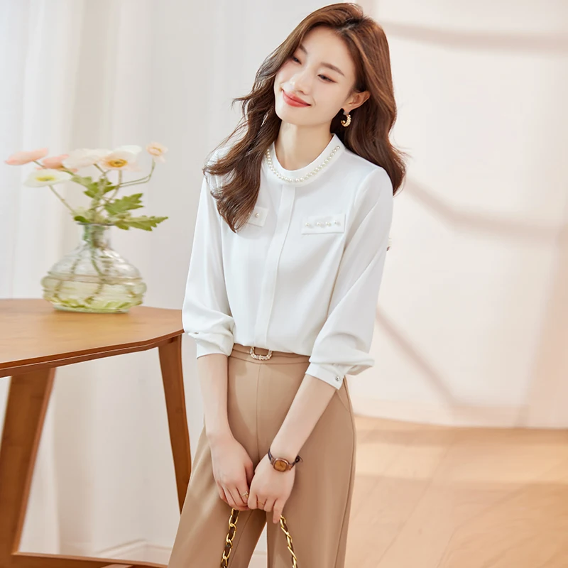 NAVIU Green Shirt Women New Autumn Embroidered Flares Stand Collar Chiffon Blouses Office Lady Work Tops White