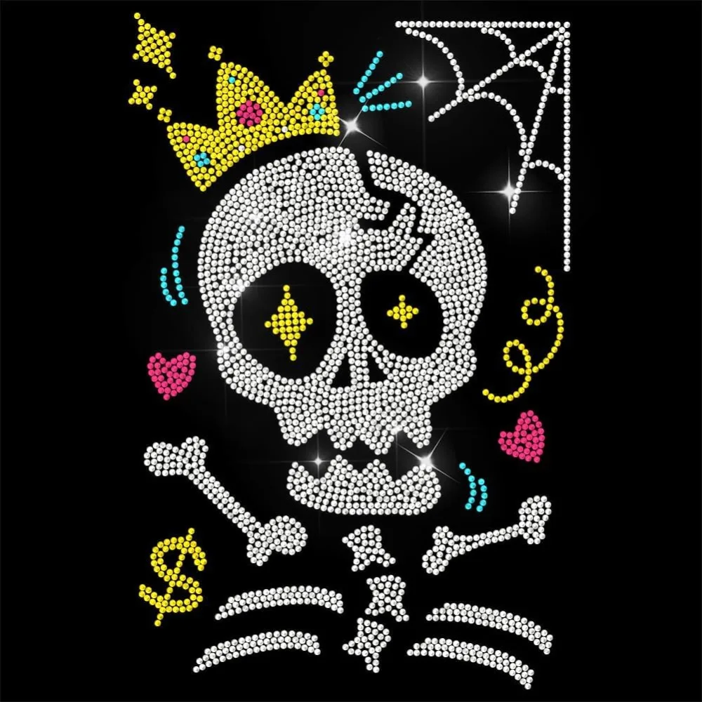 

Halloween Rhinestone Iron on Transfer Skull Bling Hotfix Patches for Clothes 11.6"x8.2" Large Iron On Sequin Applique for Jeans