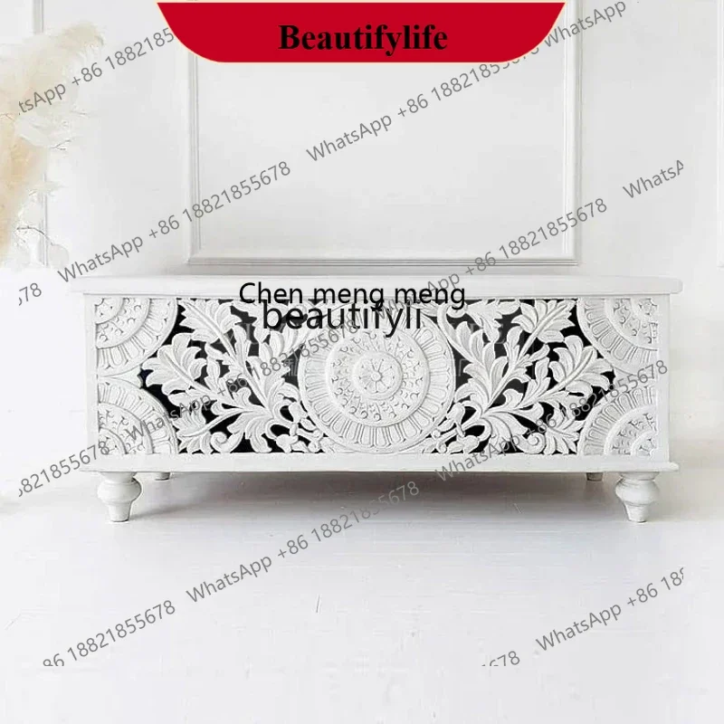 

D178 H French retro style storage shoe changing stool solid wood hollow carved door sofa stool shoe cabinet integrated