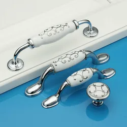 Zinc alloy ceramic Dresser Pulls Drawer Furniture Handles Ceramic Kitchen Cabinet Door Knobs Silver Knobs Pulls Porcelain