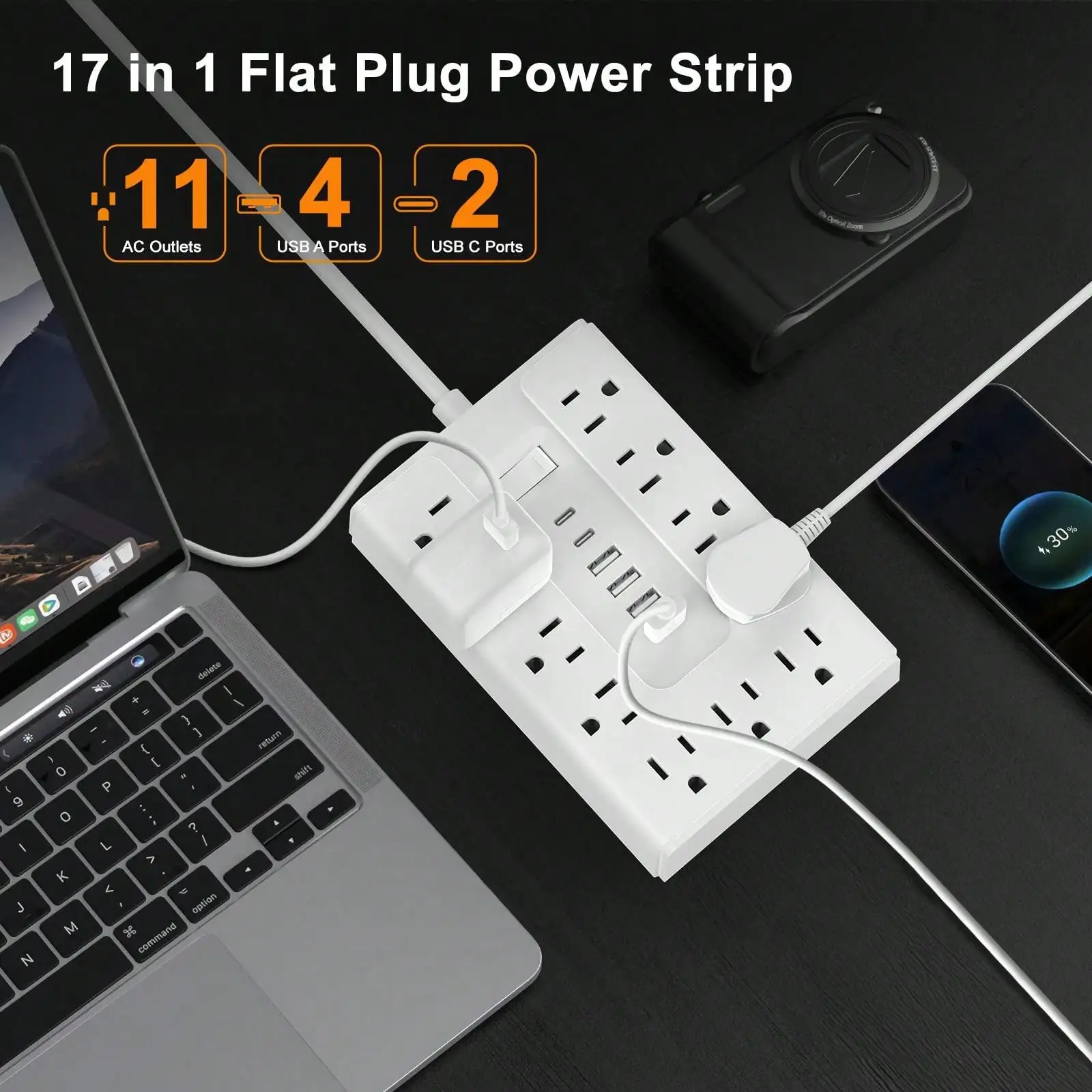 5FT Power Strip Surge Protector, 11 Widely Outlets with 6 USB Ports (2 USB C), Multi Plug Wall Outlet Extender