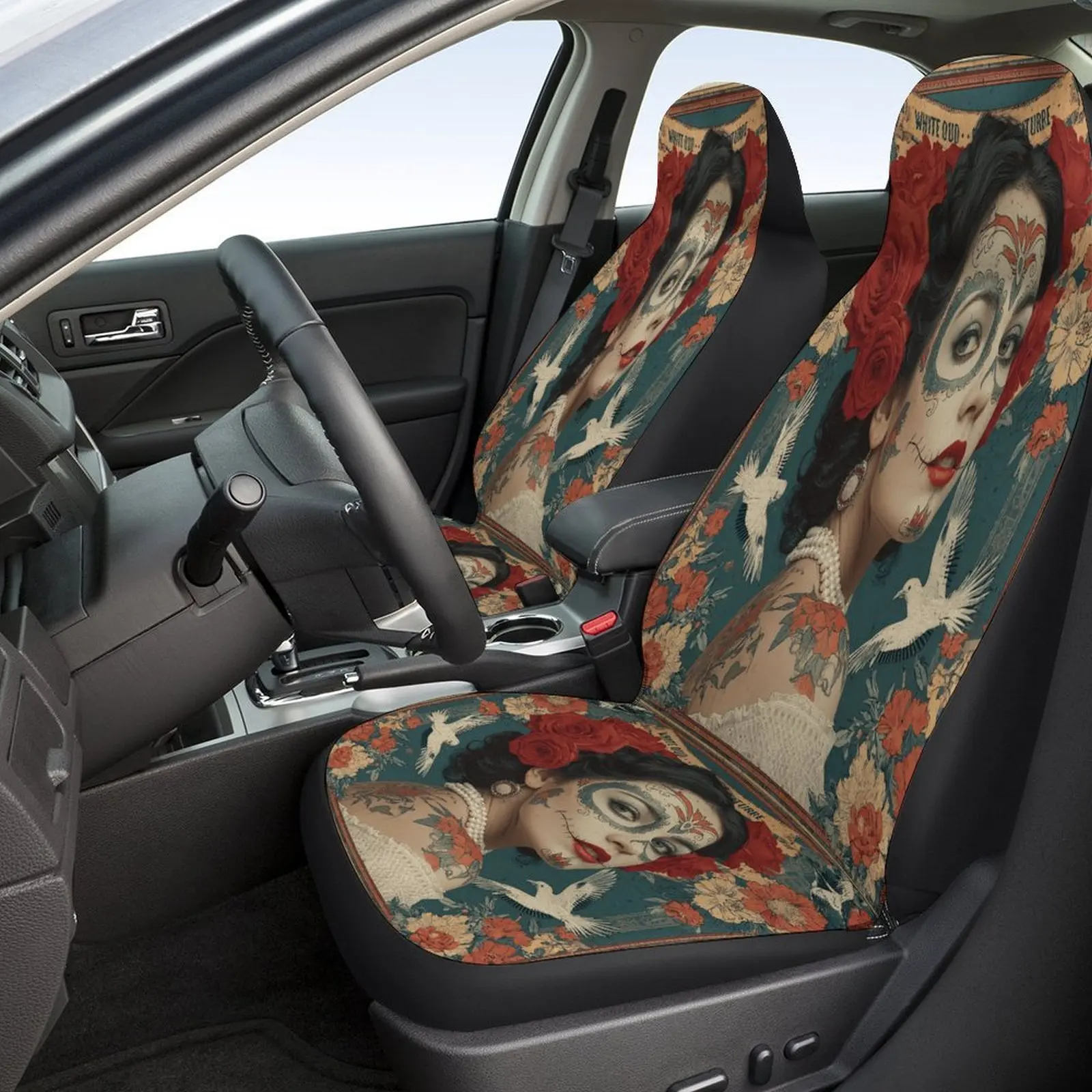 Day Of The Dead Portrait Designed Car Seat Covers Set For Most Cars, Trendy Breathable Decorative Car Seat Protector Covers Full