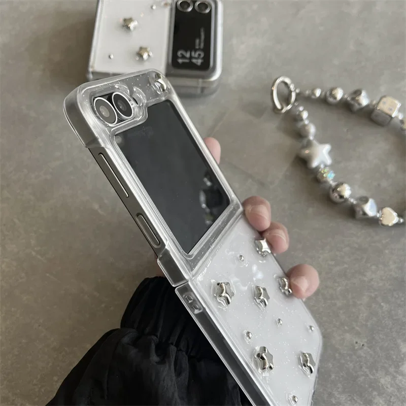 Silver Star Chain เคสโทรศัพท์สําหรับ Samsung Galaxy Z Flip 6 5 4 3 ป้องกันด้านหลังสําหรับ ZFlip4 ZFlip5 ZFlip6 กรณี