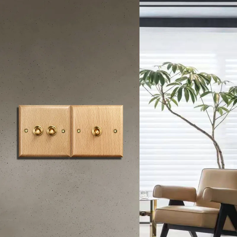 Solid wood panel switch socket brass lever wall light switch retro style 1Gang2Way emergency alarm switch solid wood wall switch
