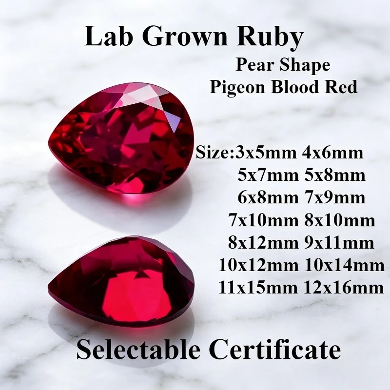 Lab Grown Ruby Pear Cut Pigeon Blood Red Charms Gemstone for DIY Ring Necklace Earrings Main Materials Selectable Certificate