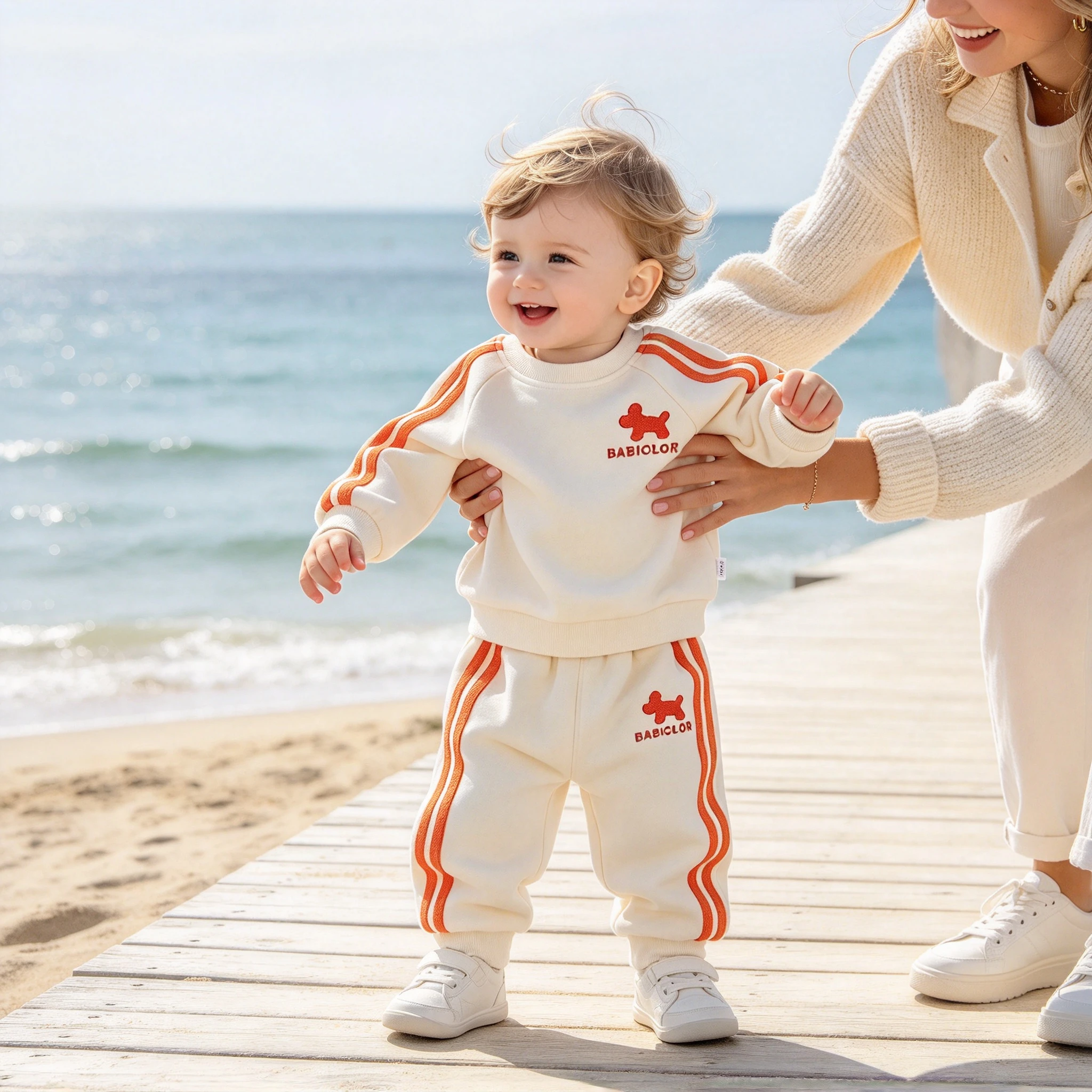 Infant Winter Fleece Tracksuit Cartoon Puppy Embroidery Striped Long Sleeve Outfit for Boys Girls