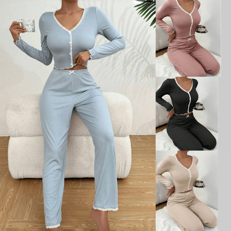 

Пижамный комплект 95AB с V-образным вырезом и длинными рукавами для женщин с рюшами, кружевной отделкой, пуговицами, укороченный