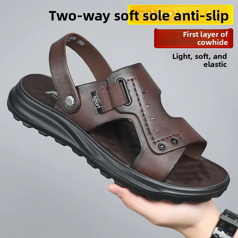 

2026 Men's Sandals Leather Summer Cowhide Beach Shoes New Driving Wear Non-slip Dual-purpose Dad Sandals Men