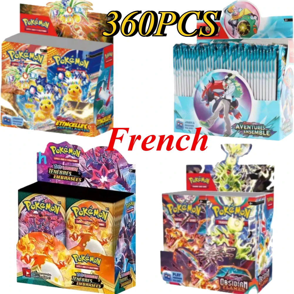 Tarjeta de Pokémon francesa, 360 Uds., chispas de vertido, llamas de obsidiana, estrellas brillantes, origen perdido, refuerzo de Pokémon, tarjetas de transacción de batalla