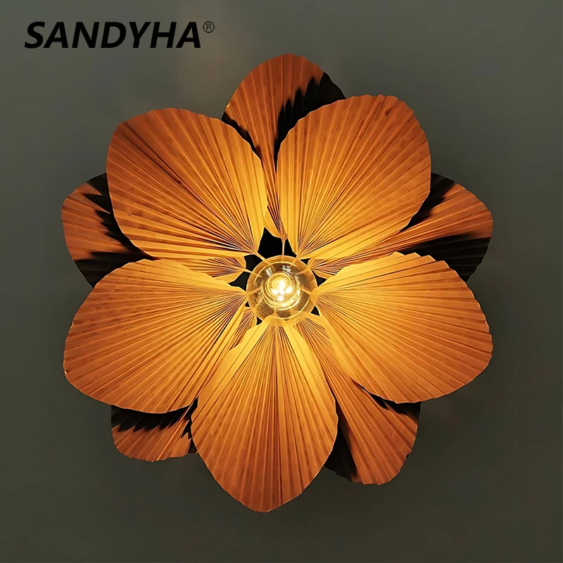 

Modern SANDYHA Handmade Fan Shaped Chandelier Restaurant Hotel B&B Bedroom Decorative Lamp Japanese Retro Leaves Pendant Light