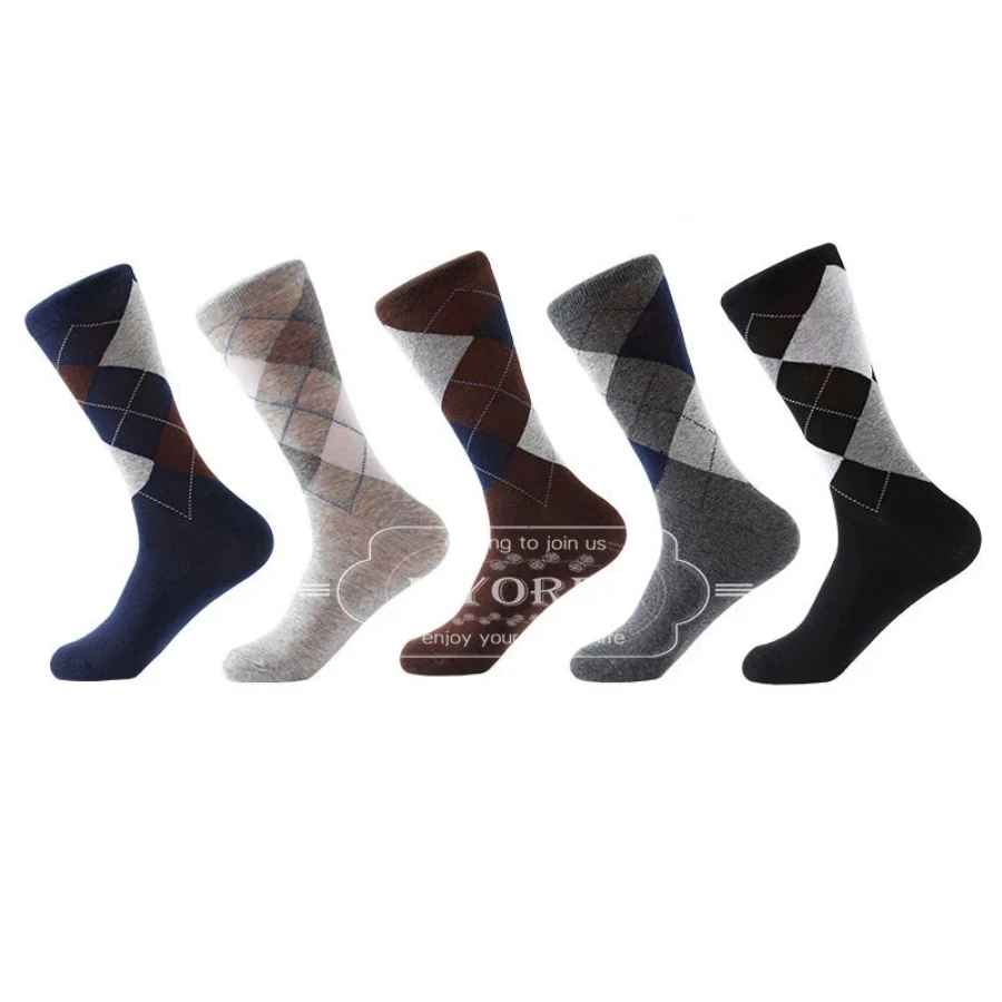 MYORED5pairs of autumn and winter classic diamond check British style men's mid-tube socks solid color business socks for men