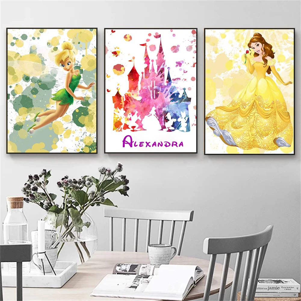 Disney Inspired Princess Custom Name Prints Canvas Painting Splash Art Princess Elsa Rapunzel Poster Home Bedroom Art Decoration