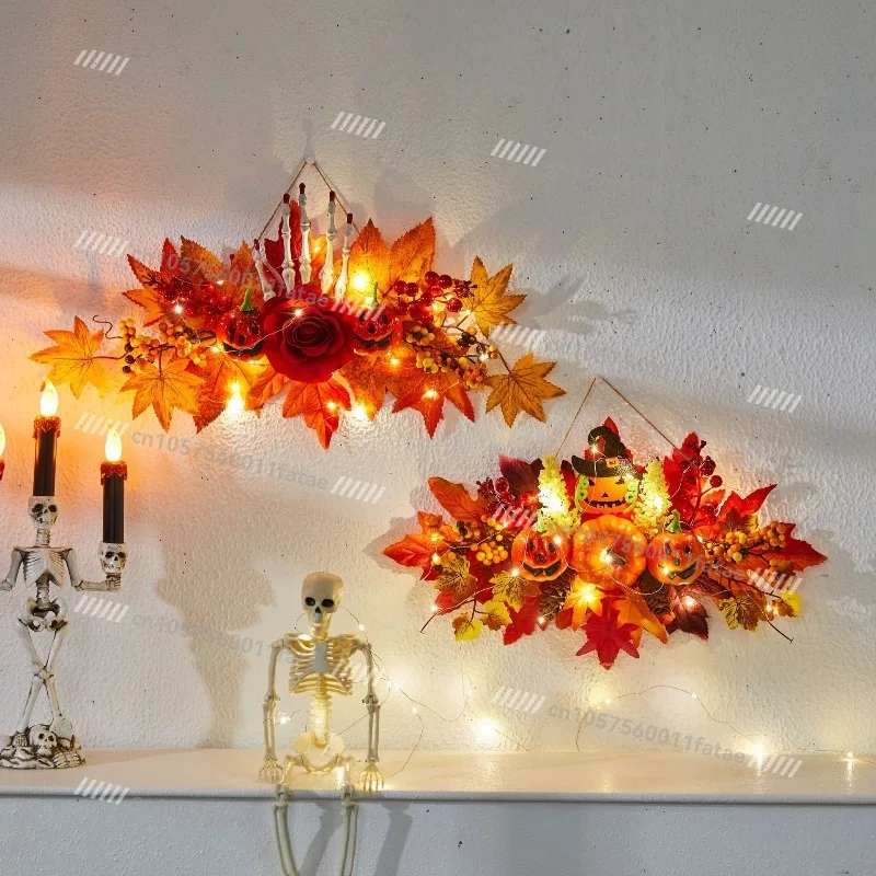 maple leaf harvest festival door hanging ghost festival scene arrangement,Halloween decoration autumn pumpkin wreath