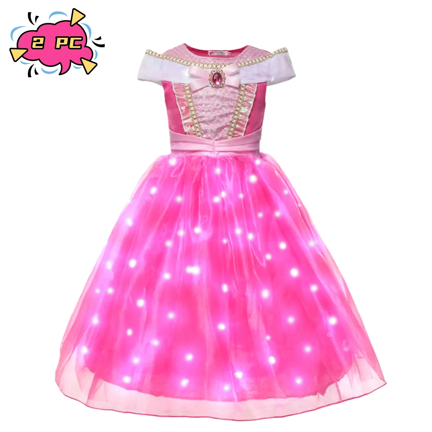 Girls Cosplay LED Light Dress Sleeping Beauty Aurora Princess Ball Costume Off Shoulder 2026 Kids Fancy Party Children Gowns image 2