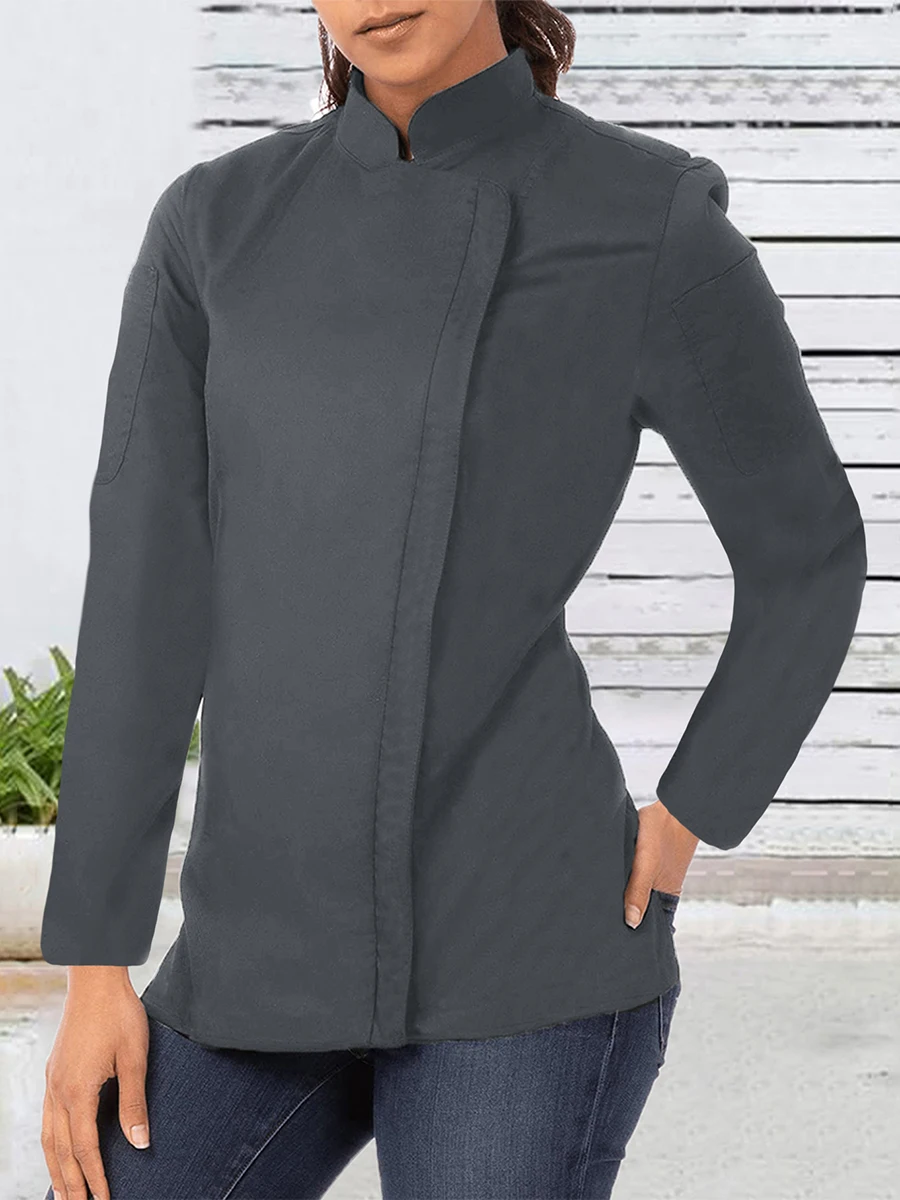 Professional Unisex Chef Jacket Uniform Stand Collar Long Sleeve Asymmetrical Cook Coat Restaurant Kitchen Hotel Bakery Workwear