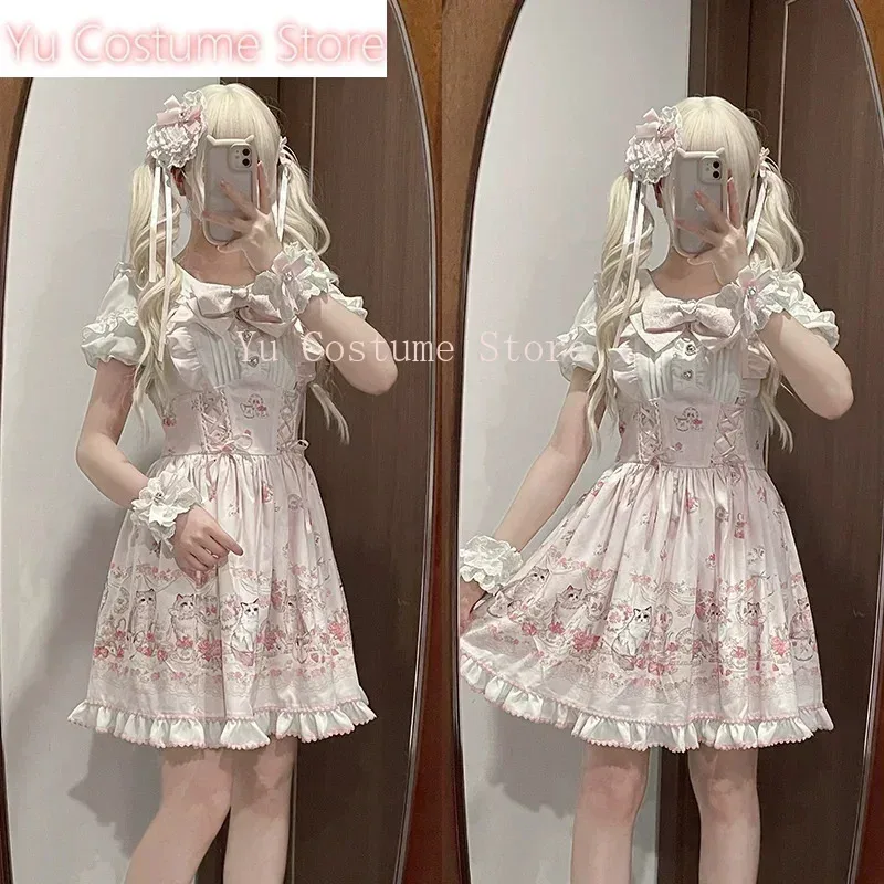 유 코스튬 일본 스타일 대량생산 소녀 귀여운 로리타 여성용 하이웨이스트 러플 프린트 스위트 카와이 숏 드레스 여름5;c,8'