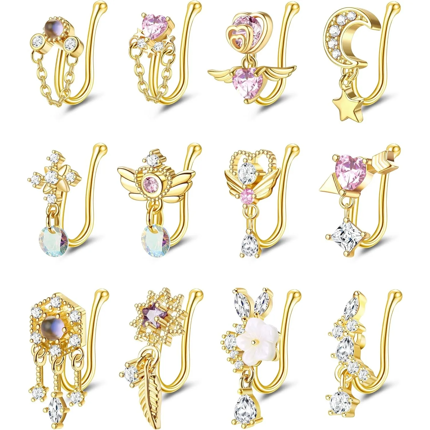 

Florideco 12Pcs Fake Nose Piercing for Women Nose Cuffs Dangle Clip Nose Ring Heart Flower Piercing Jewellery