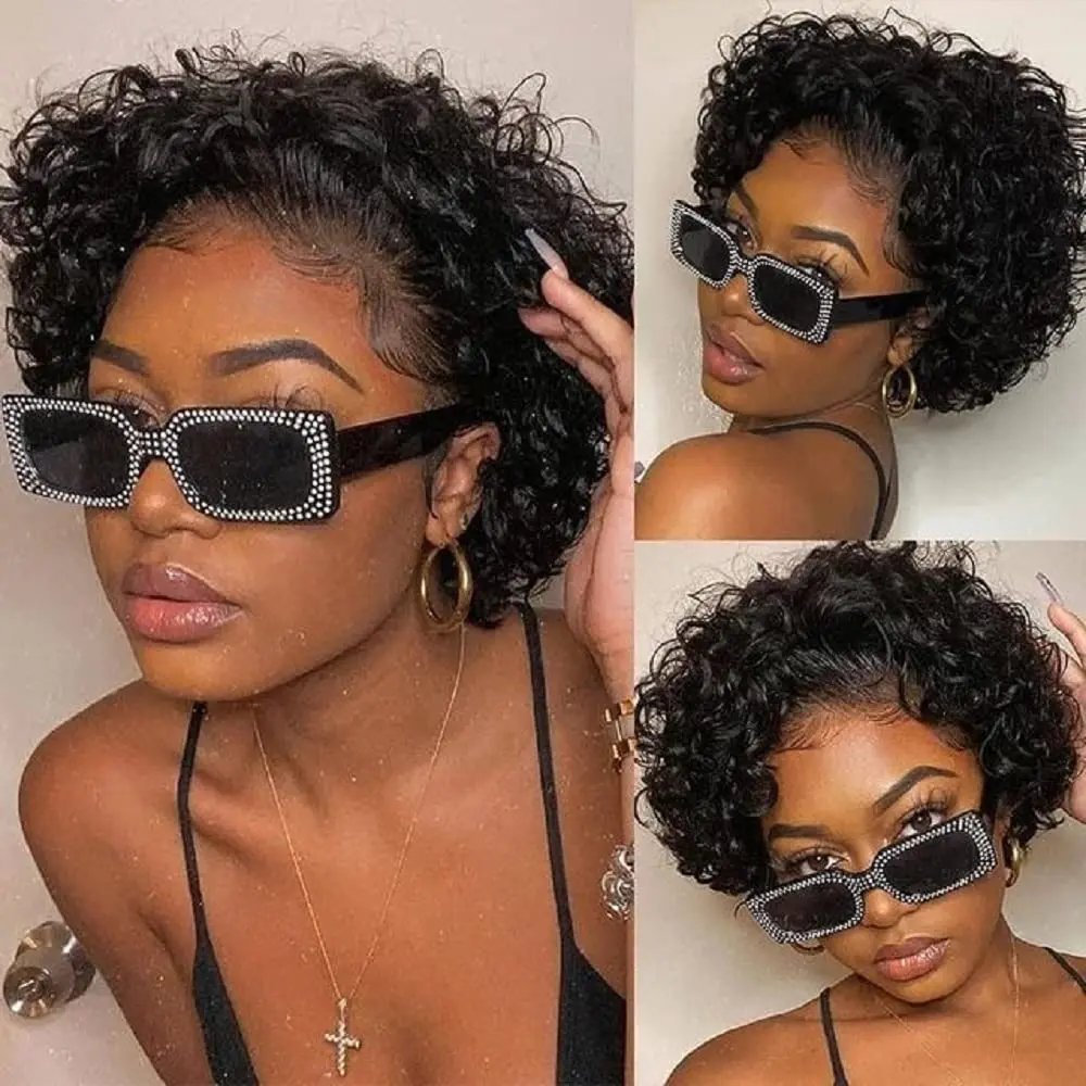 100% Human Hair Pixie Cut 13x4 Lace Frontal Wig Pixie Curls Short Pixie Bob Human Hair Wig Transparent Lace Front Human Hair Wig