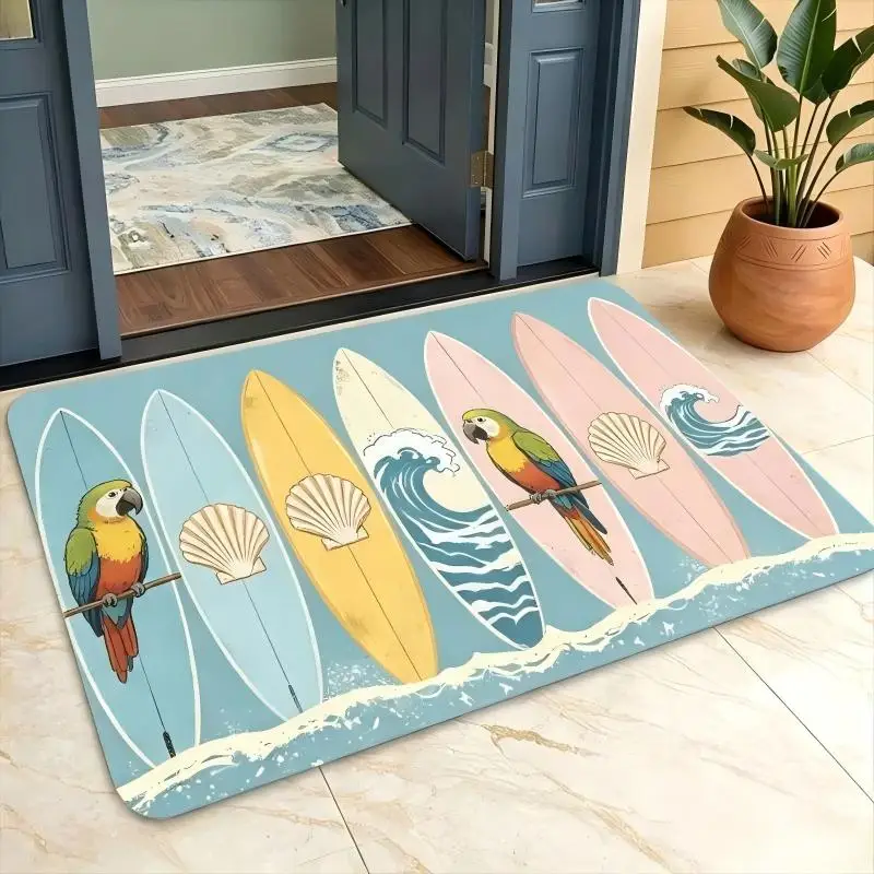 VIKAMA Retro Surfboard Welcome Mat Coastal Compass Seahorse Pineapple Entryway Doormat