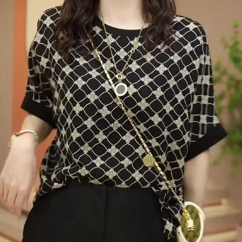 Vintage Fashion Summer Women\'s O-Neck Printing Screw Thread Patchwork Batwing Sleeve Temperament Versatile Loose T-Shirts Tops