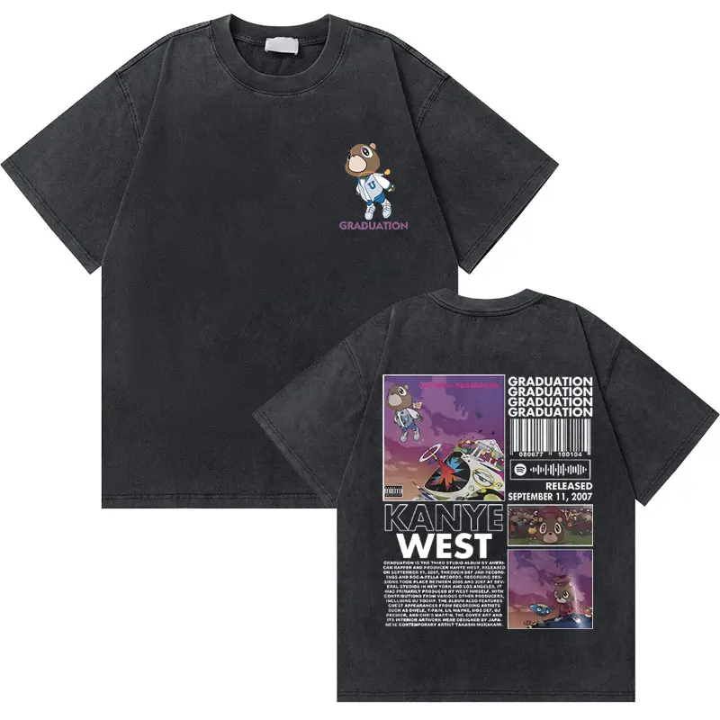 Washed Vintage Rapper Kanye West Graduation Bear Graphic T-Shirt Men Pure Cotton T-shirt Men's Hip Hop Fashion Oversized T-shirt image 5