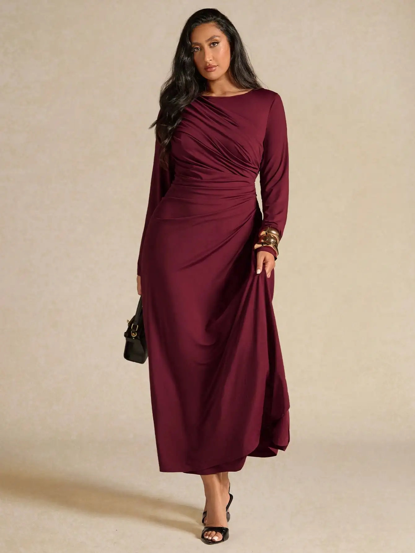 

Elegant Plus Size Long Sleeve Draped Midi Dress in Burgundy
